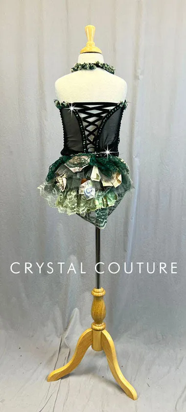 Black & Green Corseted Leotard with Ruffled Skirt - Swarovski Rhinestones