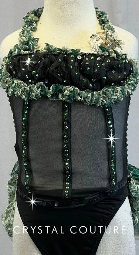 Black & Green Corseted Leotard with Ruffled Skirt - Swarovski Rhinestones
