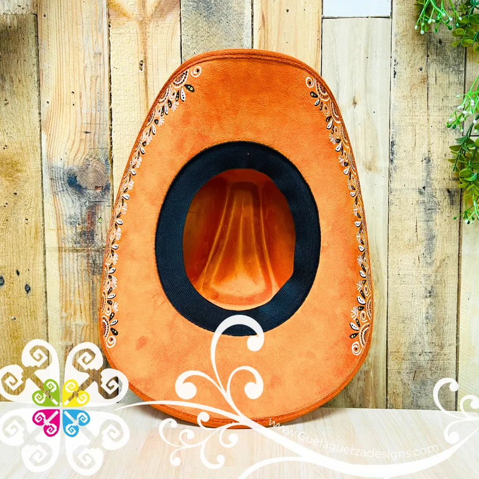 Bright Orange Mitla Cowboy Velvet Hat - Hand Painted Hat