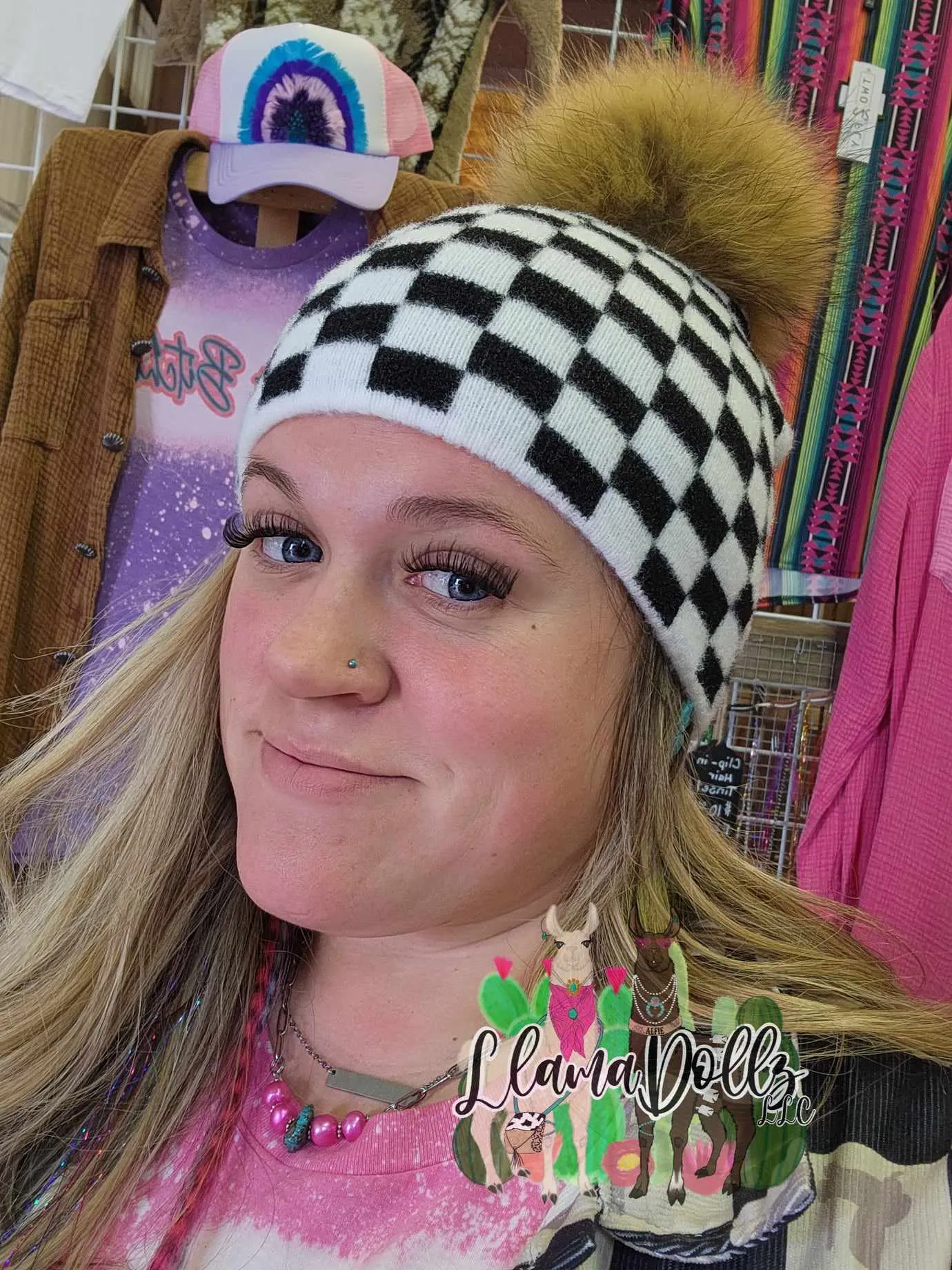 Checkered Pom Beanie