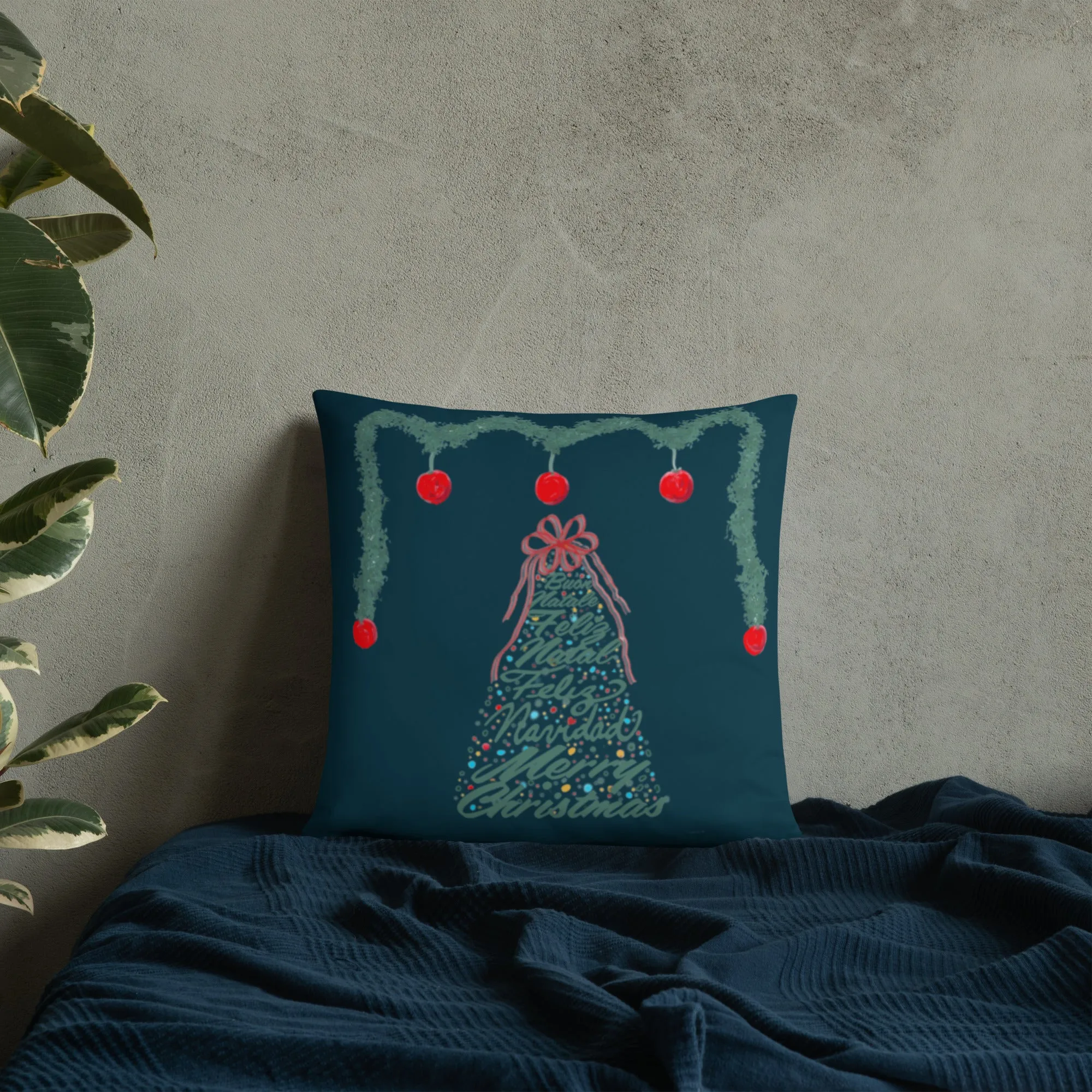 Christmas Tree - Multilingual Throw Pillow (Color: Blue Whale)