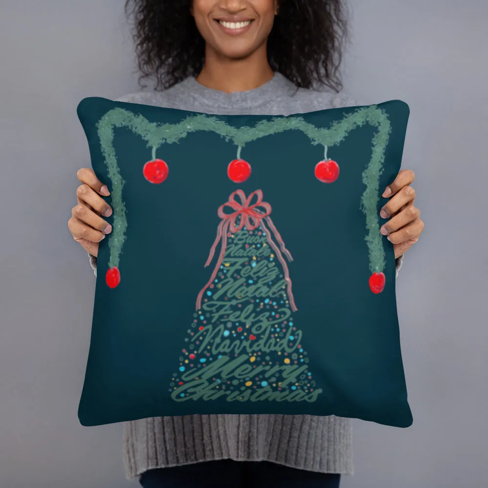 Christmas Tree - Multilingual Throw Pillow (Color: Blue Whale)