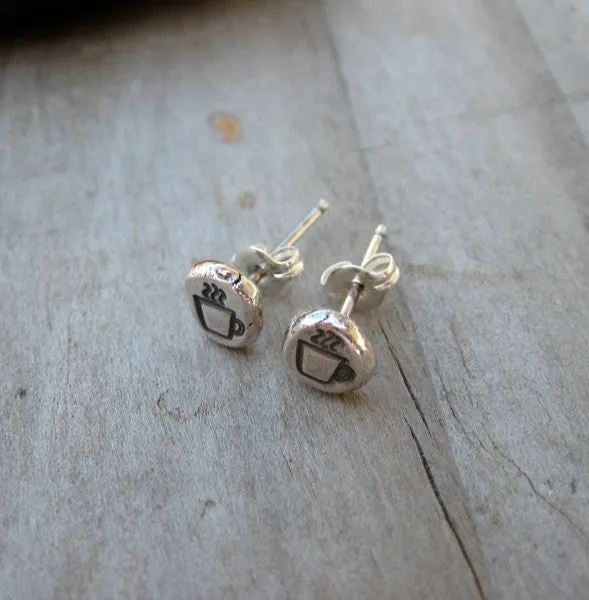 Coffee Cup Earrings Sterling Silver Post Coffee Mug Stud Raw Silver Handcrafted Earrings. Modern. Minimalist.