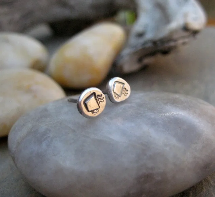 Coffee Cup Earrings Sterling Silver Post Coffee Mug Stud Raw Silver Handcrafted Earrings. Modern. Minimalist.