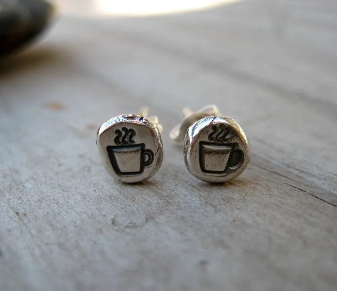 Coffee Cup Earrings Sterling Silver Post Coffee Mug Stud Raw Silver Handcrafted Earrings. Modern. Minimalist.