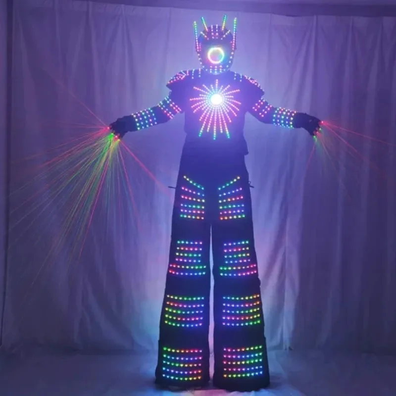 David Guetta LED Robot Suit Light-Up Stilts Walker Costume Luminous Dance Clothing Laser Gloves CO2 Gun Jet Machine Performance