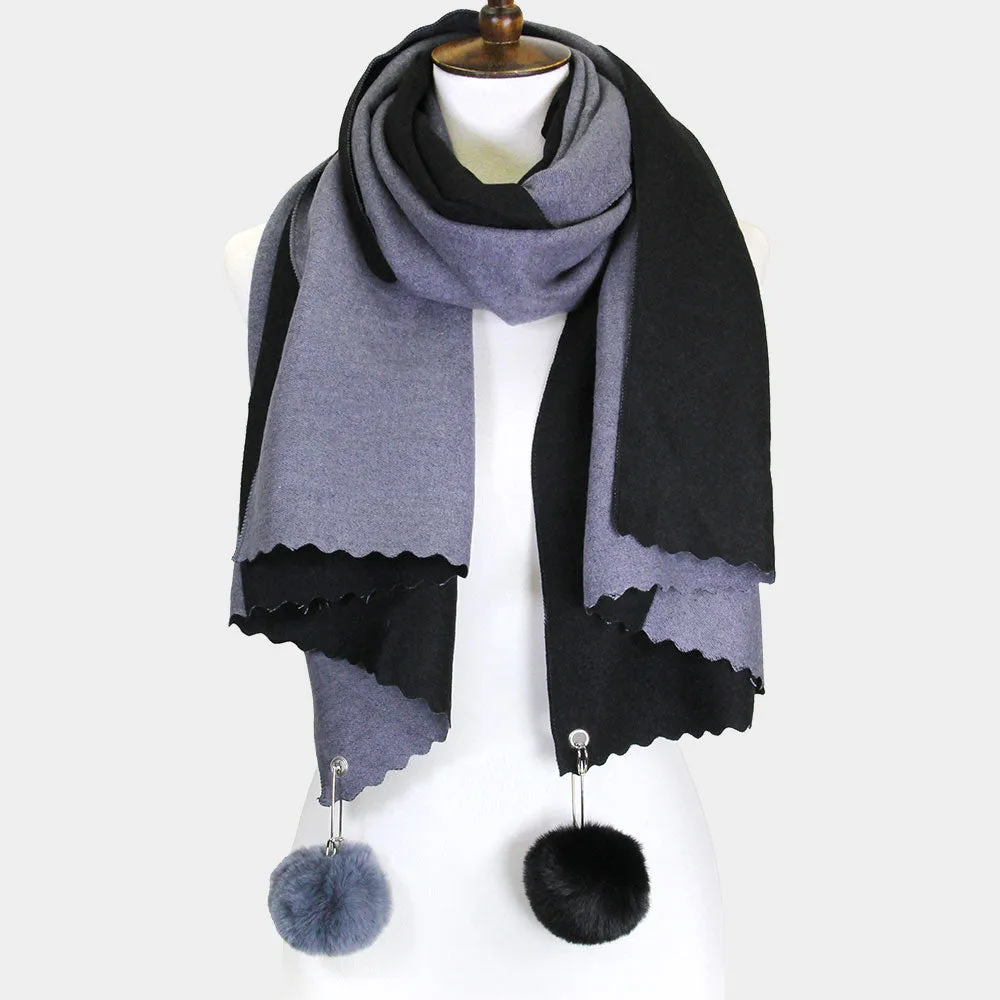 Fall/Winter Reversible Soft Scarf With Pom-Pom Accents Black