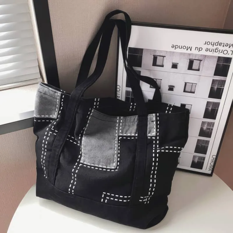 Hand-stitched wash-denim tote bag