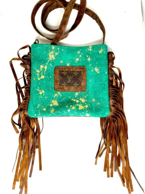 Medium Crossbody - Turquoise Green in Acid Gold - Brown with Patch