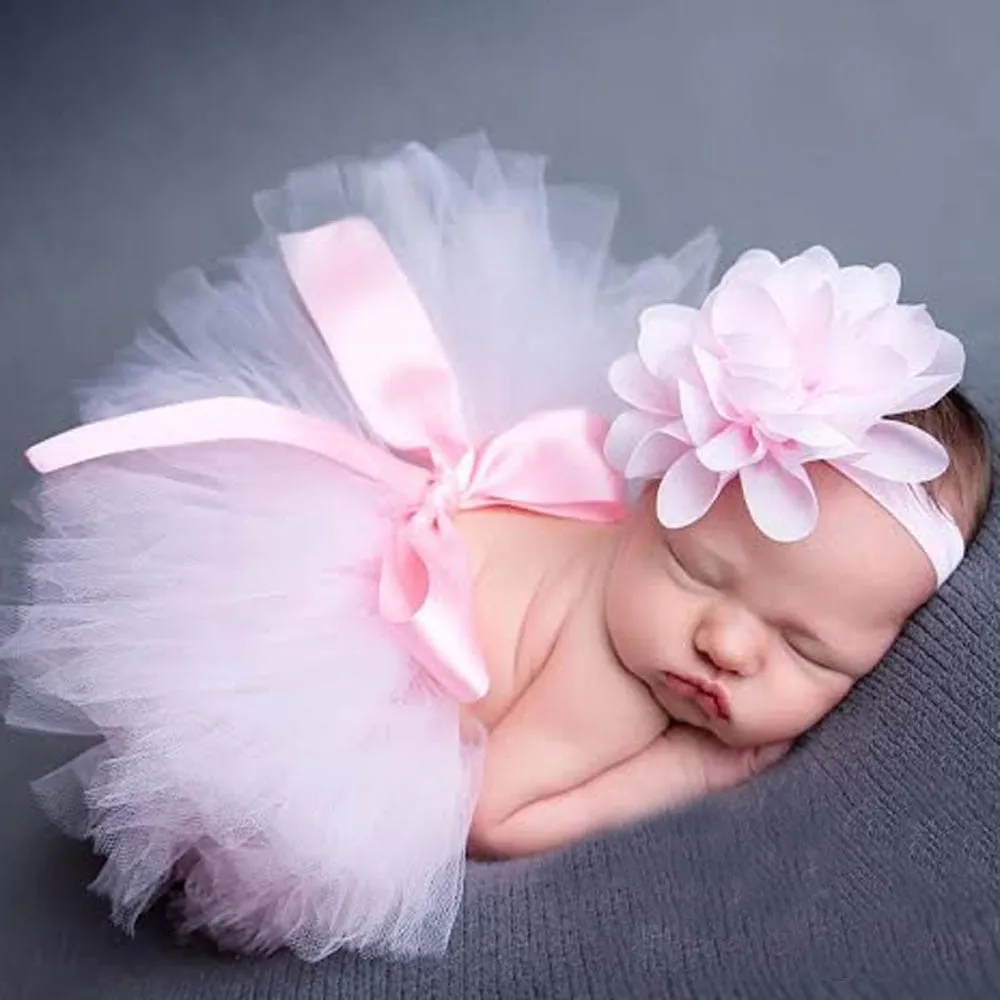 Newborn Baby Girl Tulle Tutu Skirt and Flower Headband Set Photograph Props Gift Set