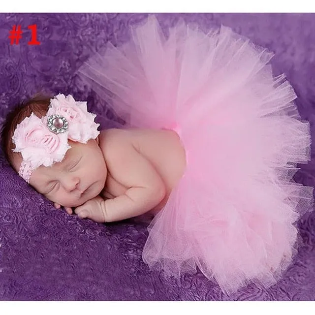 Newborn Baby Girl Tulle Tutu Skirt and Flower Headband Set Photograph Props Gift Set