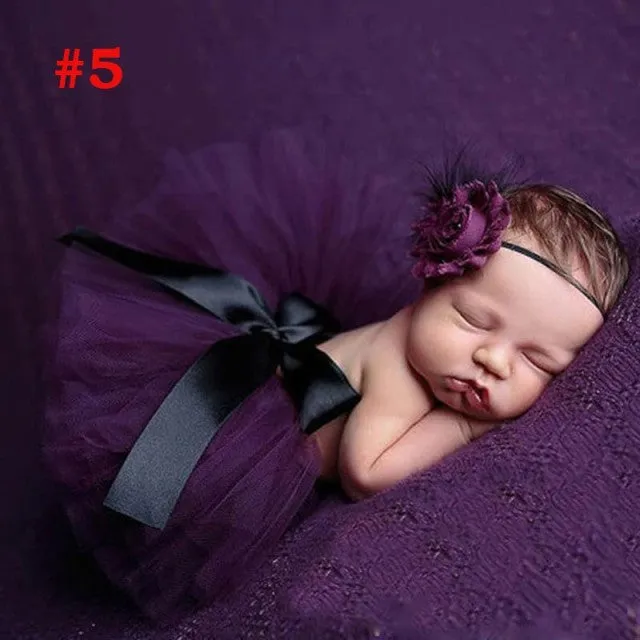 Newborn Baby Girl Tulle Tutu Skirt and Flower Headband Set Photograph Props Gift Set