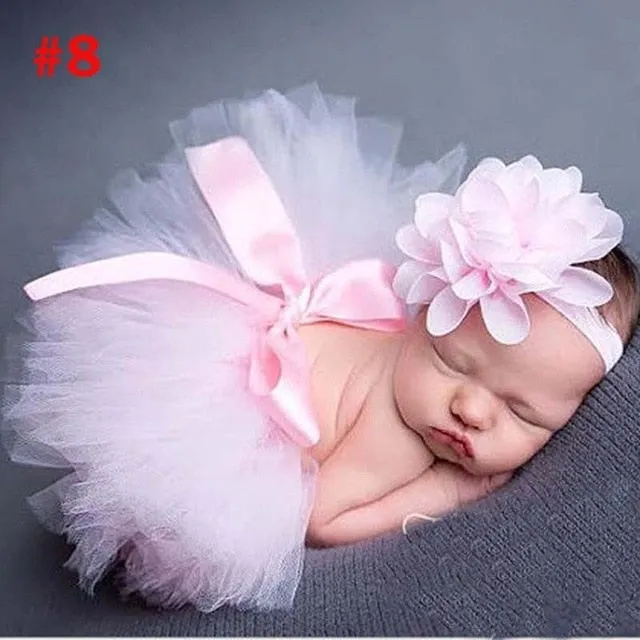 Newborn Baby Girl Tulle Tutu Skirt and Flower Headband Set Photograph Props Gift Set