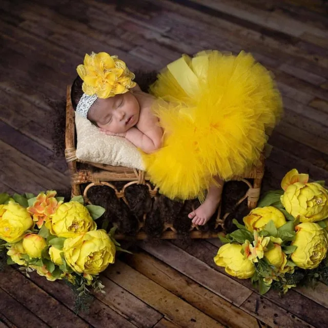 Newborn Baby Girl Tulle Tutu Skirt and Flower Headband Set Photograph Props Gift Set