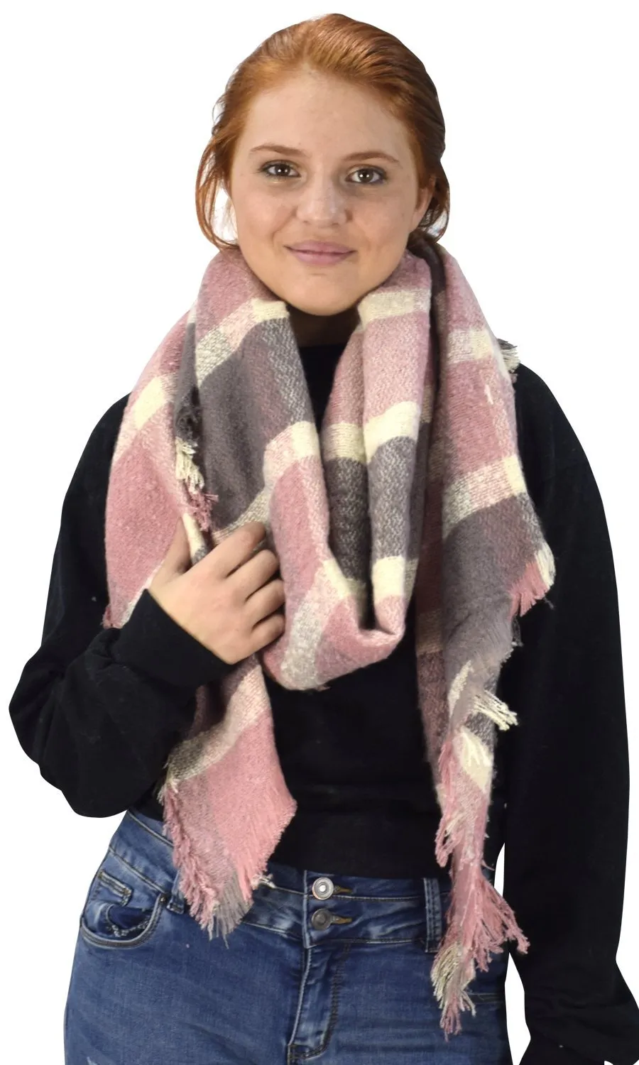 Plaid Tartan Oversized Oblong Cashmere Feel Oblong Blanket Scarves Pink/Grey 91