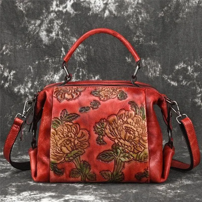 Red Flower Pattern Genuine Leather Women Handbag