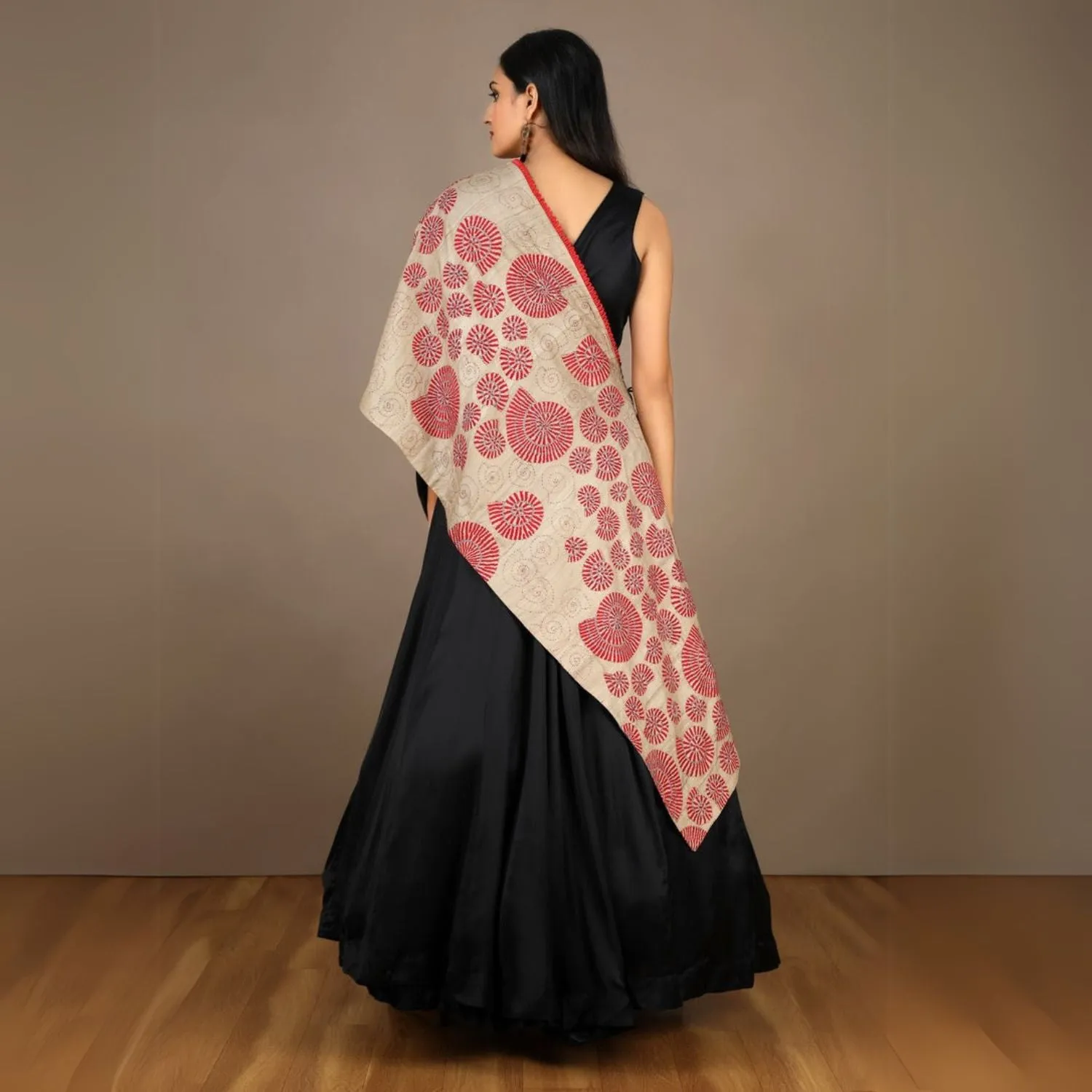 Red Tussar Silk Sujani Dupatta | Exquisite Folk Embroidery | Multi-Styling