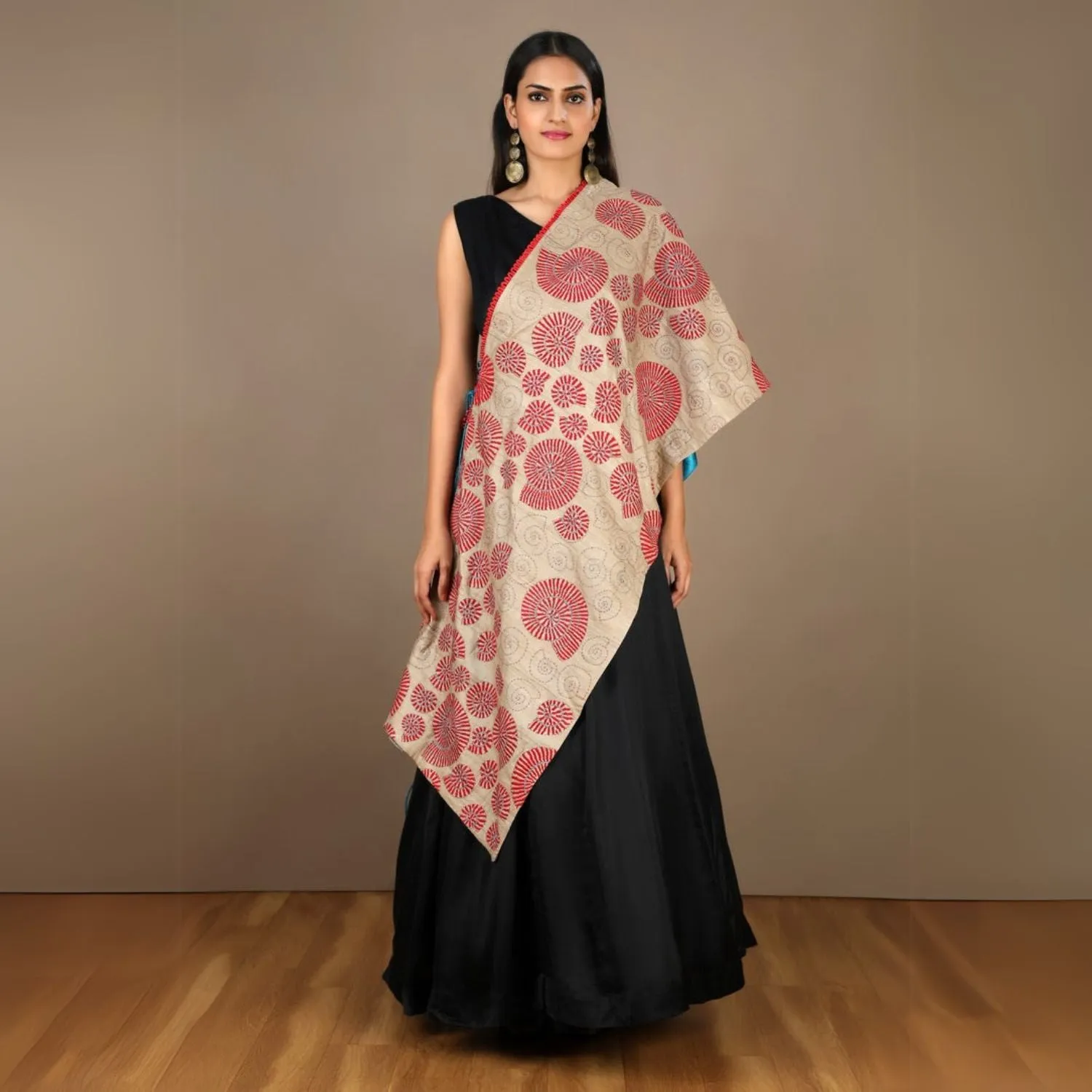 Red Tussar Silk Sujani Dupatta | Exquisite Folk Embroidery | Multi-Styling
